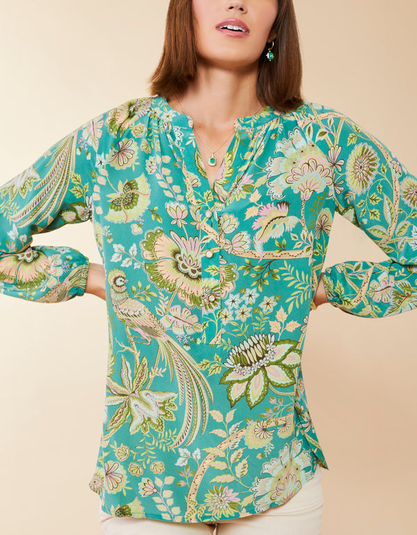 Spartina 449 Cora Silk Blouse-Mystic Moss Bird