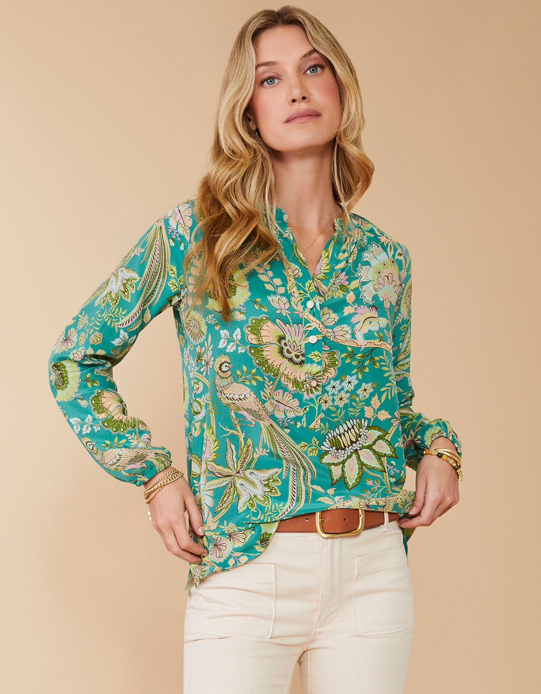 Spartina 449 Cora Silk Blouse-Mystic Moss Bird