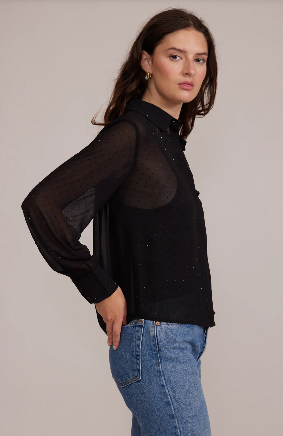 Lucy Paris "Rana" Embellished Button Down Top-Black