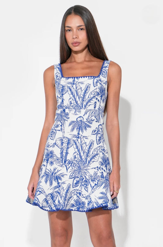 Adelyn Rae "Ximena" Square Neck Jacquard Mini Dress-Blue/White