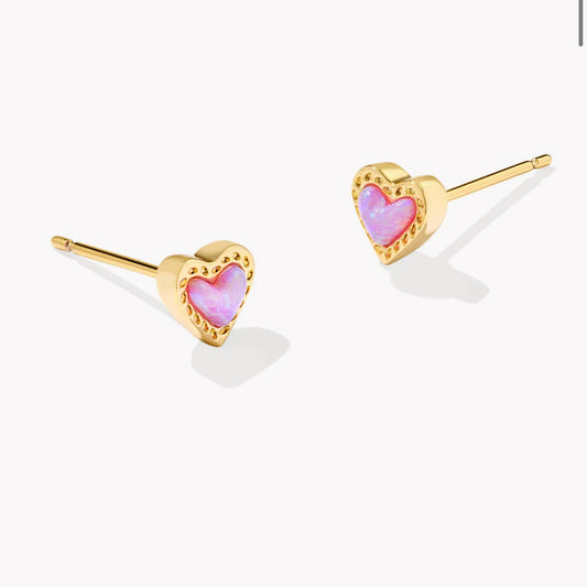 Kendra Scott Mini Ari Heart Stud Earring-Gold Bubblegum Pink Opal