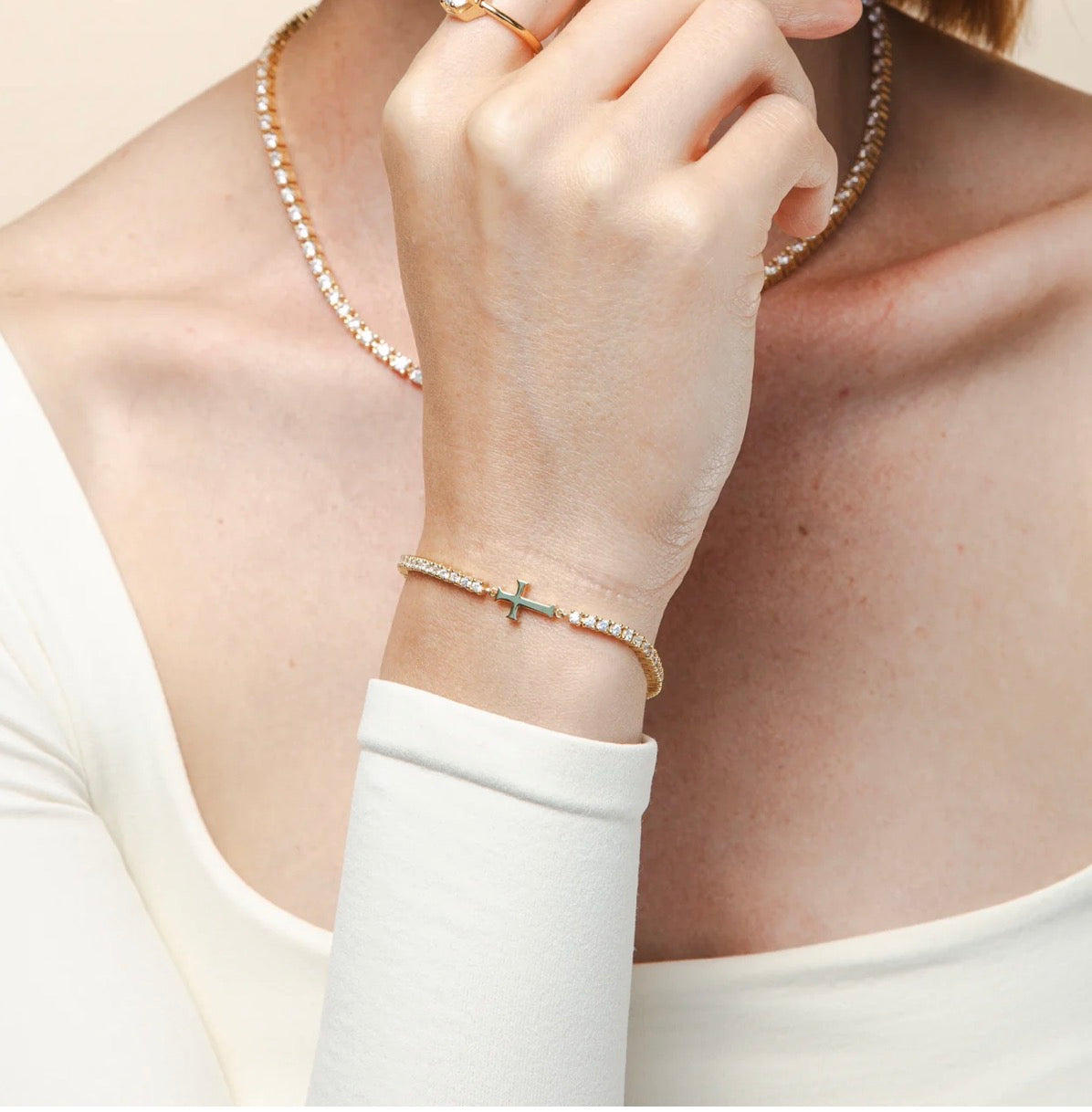 Rizen Luminous Cross Tennis Bracelet-Gold
