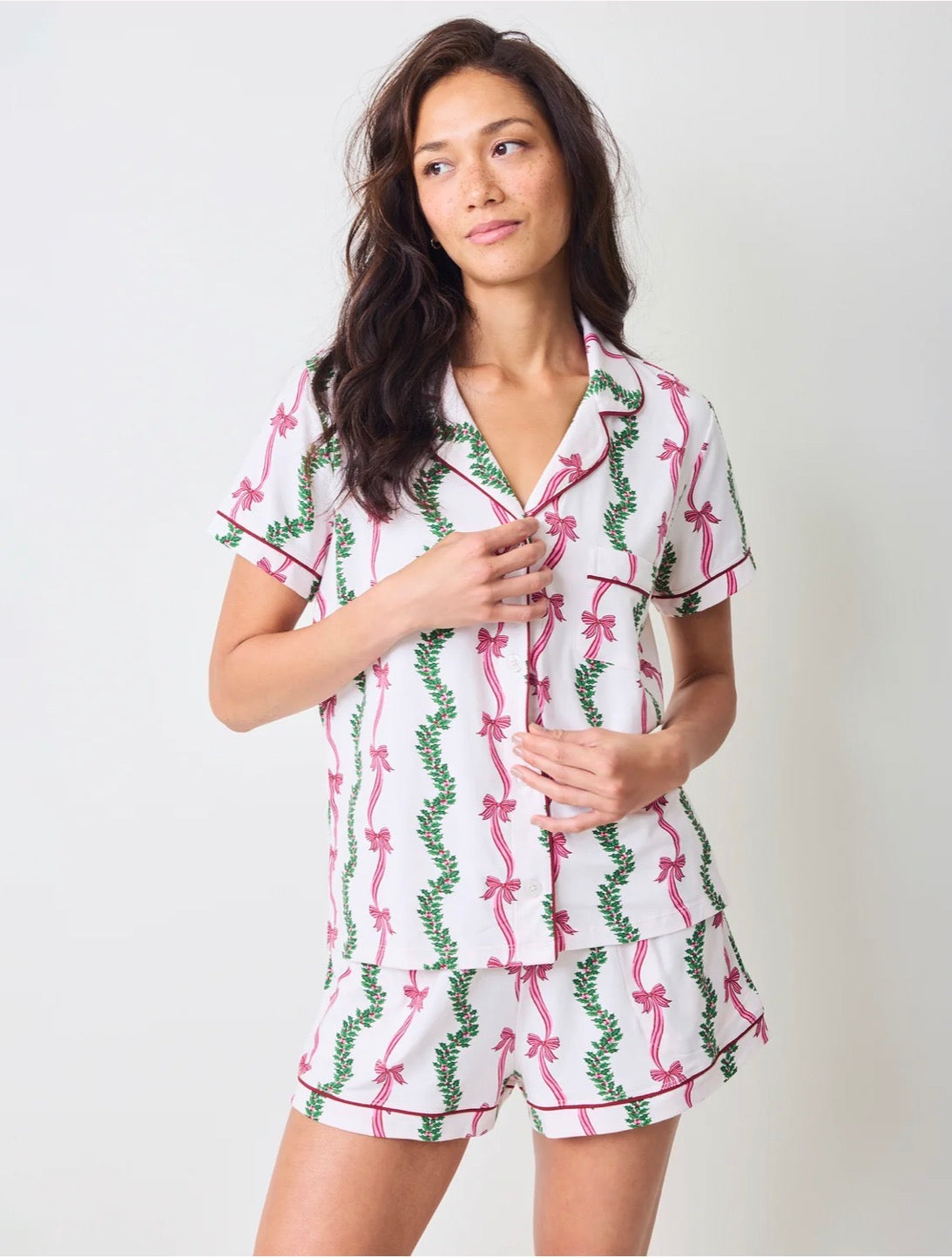 Printfresh "Ribbons & Bows" Organic Pima Modal Knit Short PJ Set-Vanilla Cream