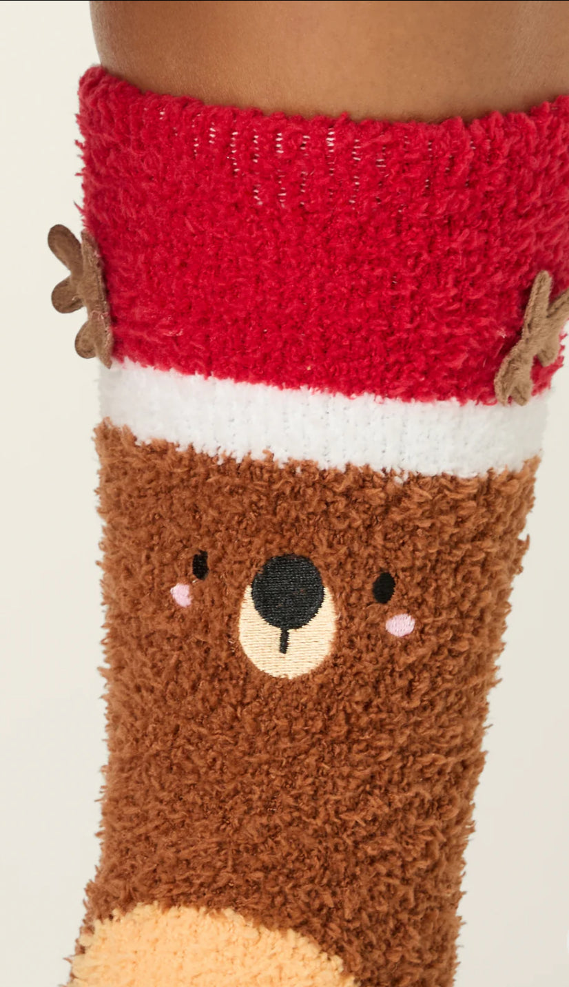 PJ Salvage Cozy Crew Socks-Brown Reindeer