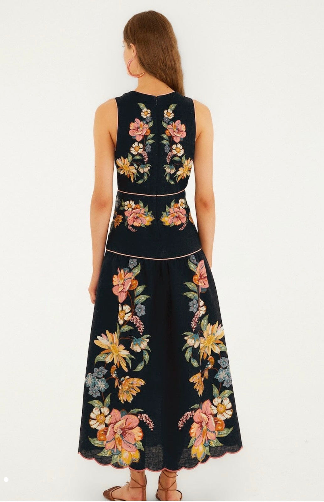 Farm Rio "Maira" Floral Floral Euroflax Premium Linen Midi Dress-Dark Blue