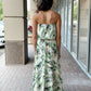 KLD "Manda" Leaf Print Strapless Maxi-Green Tropic