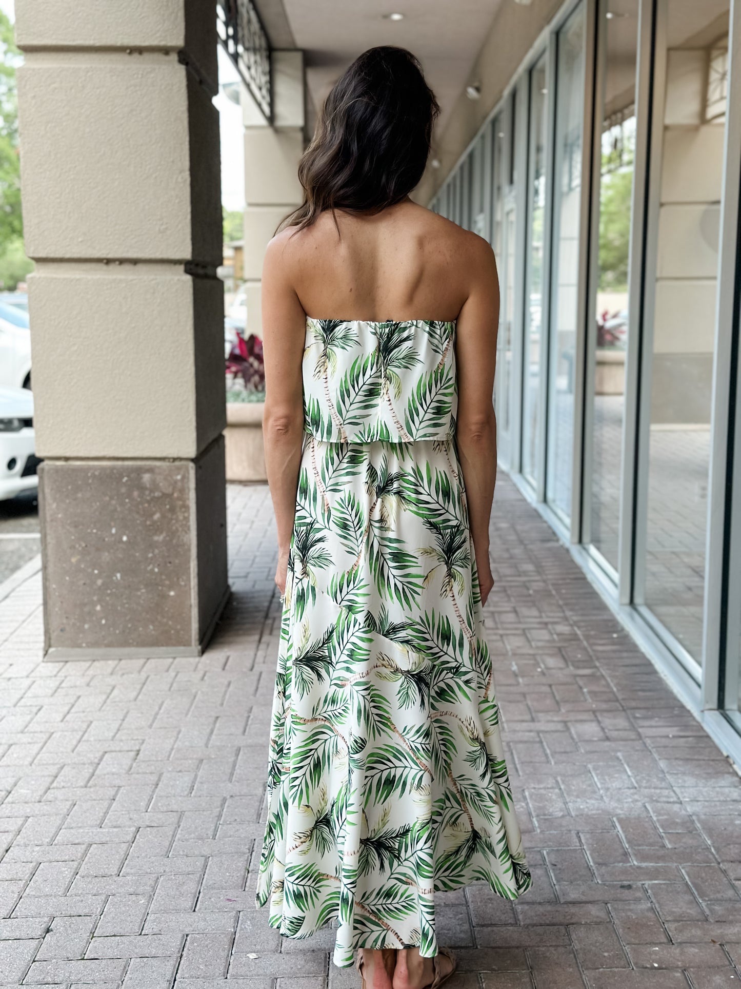 KLD "Manda" Leaf Print Strapless Maxi-Green Tropic