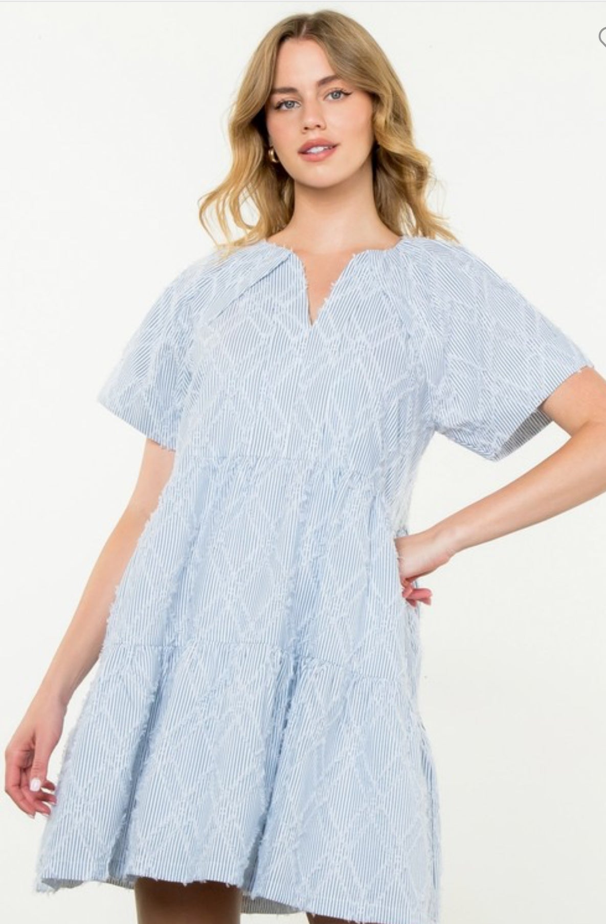 THML "Sonya" Fringe Detail Striped Dress-White/Blue