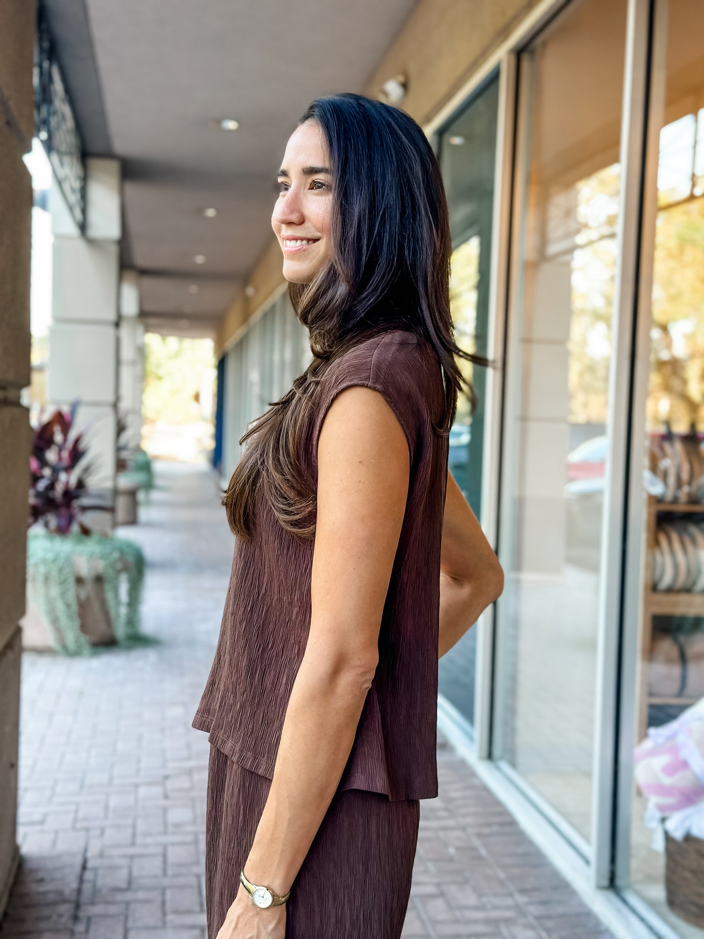 KLd "Margot" Textured Sleeveless Boxy Top-Brown