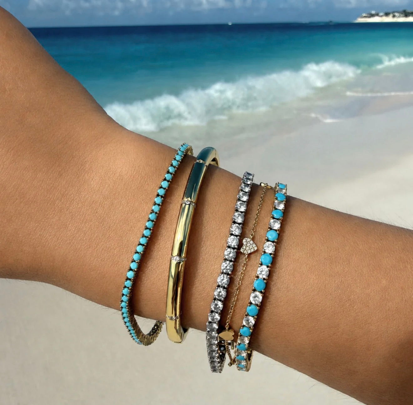 LeMel Dee Alternating Turquoise & CZ Tennis Bracelet-Gold