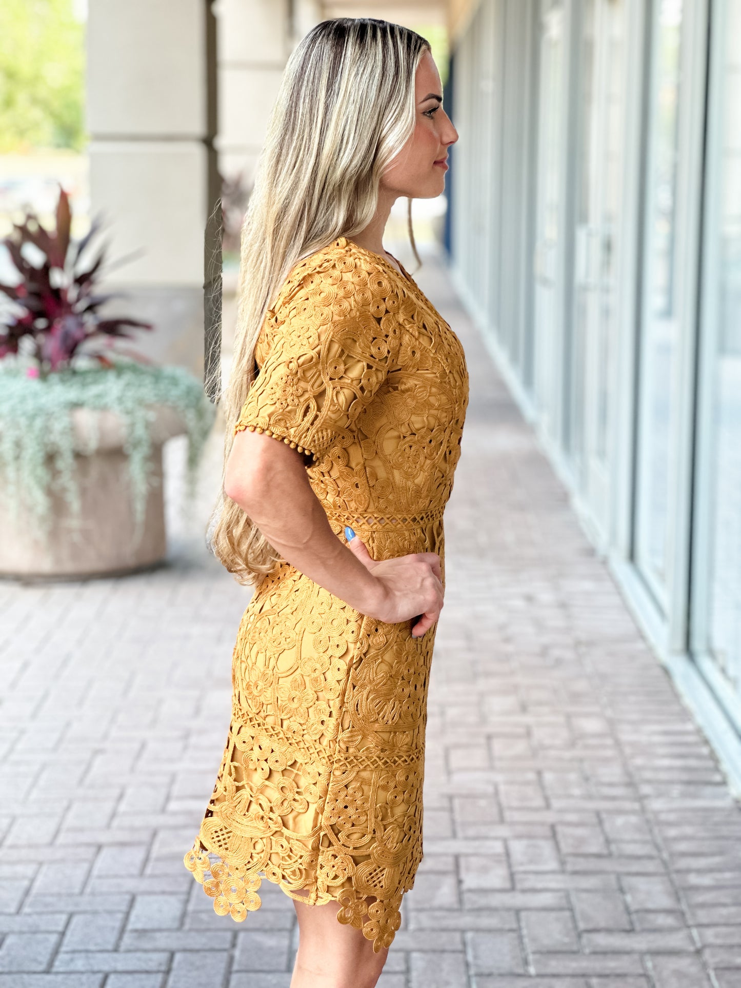 Adelyn Rae "Tasha" Scalloped Crochet Lace Mini Dress-Mustard