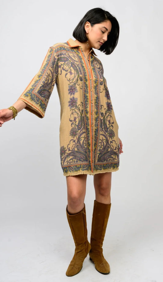 Uncle Frank Paisley Border Shirtdress-Camel