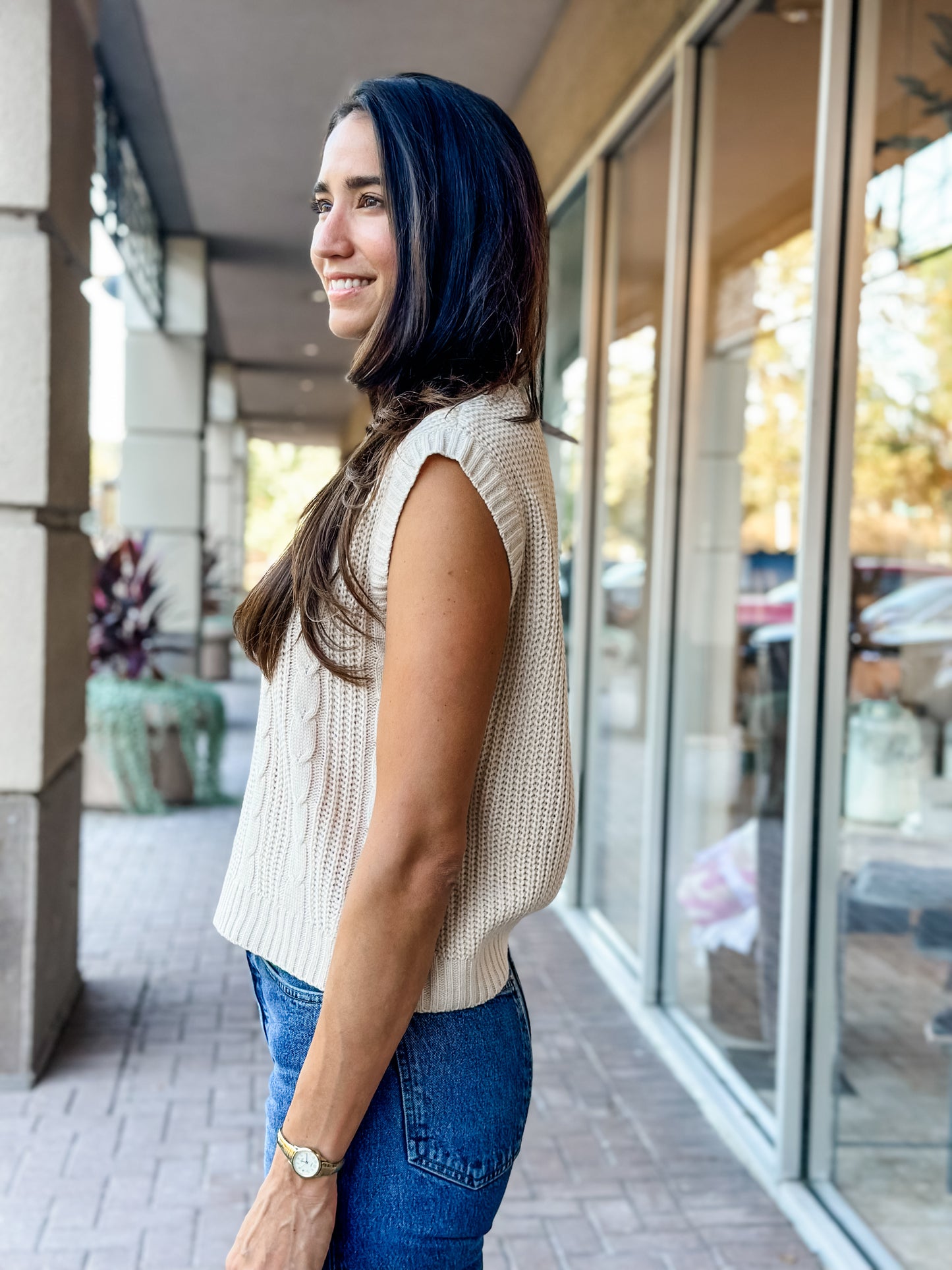 KLd "Waller" Sleeveless Cable Knit Sweater Vest- Beige