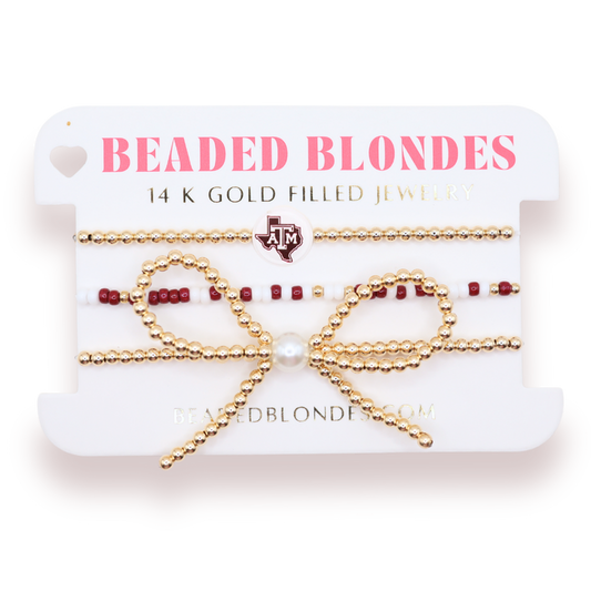 Beaded Blondes "TAMU/Aggies" Logo Bow Bracelet Stack of 3-Standard 6.75"