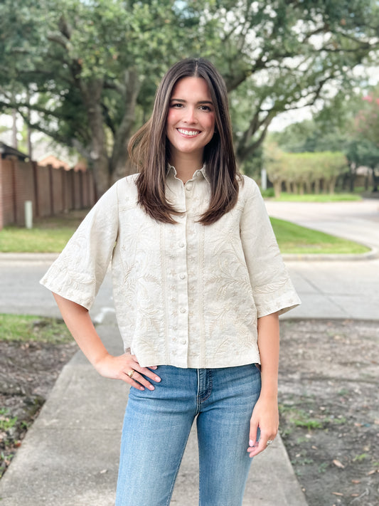 Johnny Was Linen Kimono Sleeve Shirt-Winona (Shell)