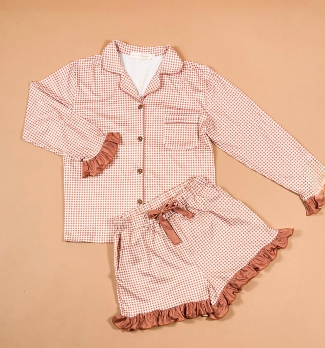 The Darling Effect Slumber Party Pajama Shorts Set-Maple Gingham