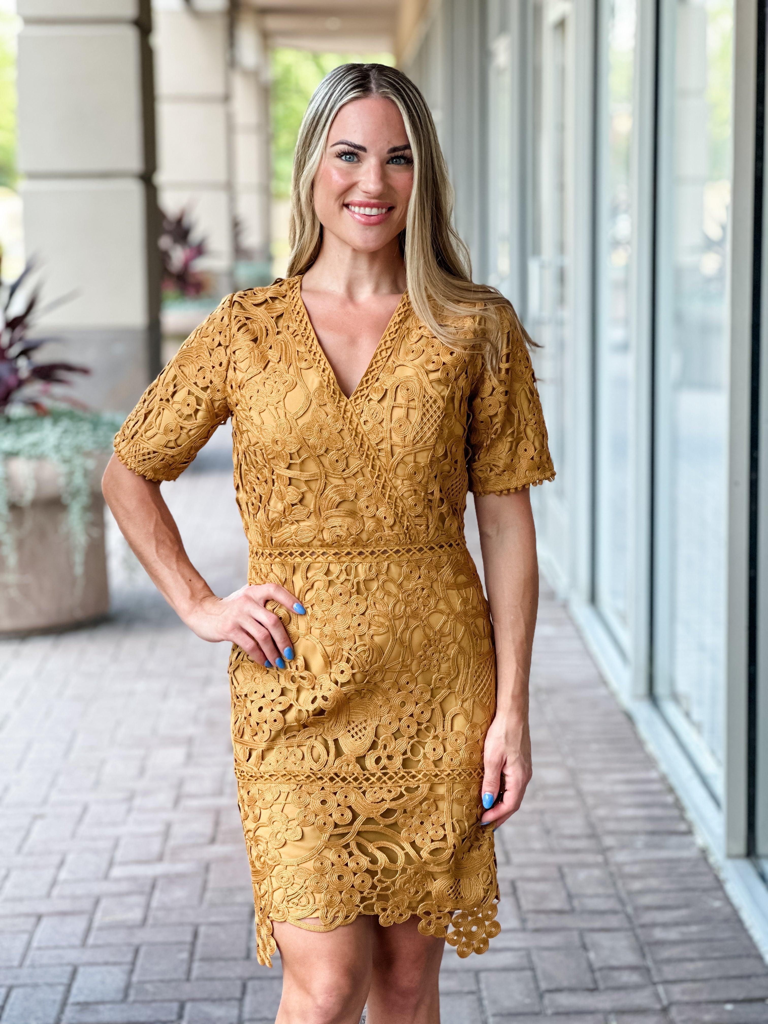 Adelyn Rae Tasha Scalloped Crochet Lace Mini Dress Mustard Adelaide s Boutique