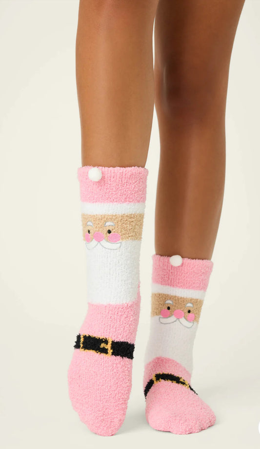 PJ Salvage Cozy Ski Jammie Classic Crew Socks-Pink Santa