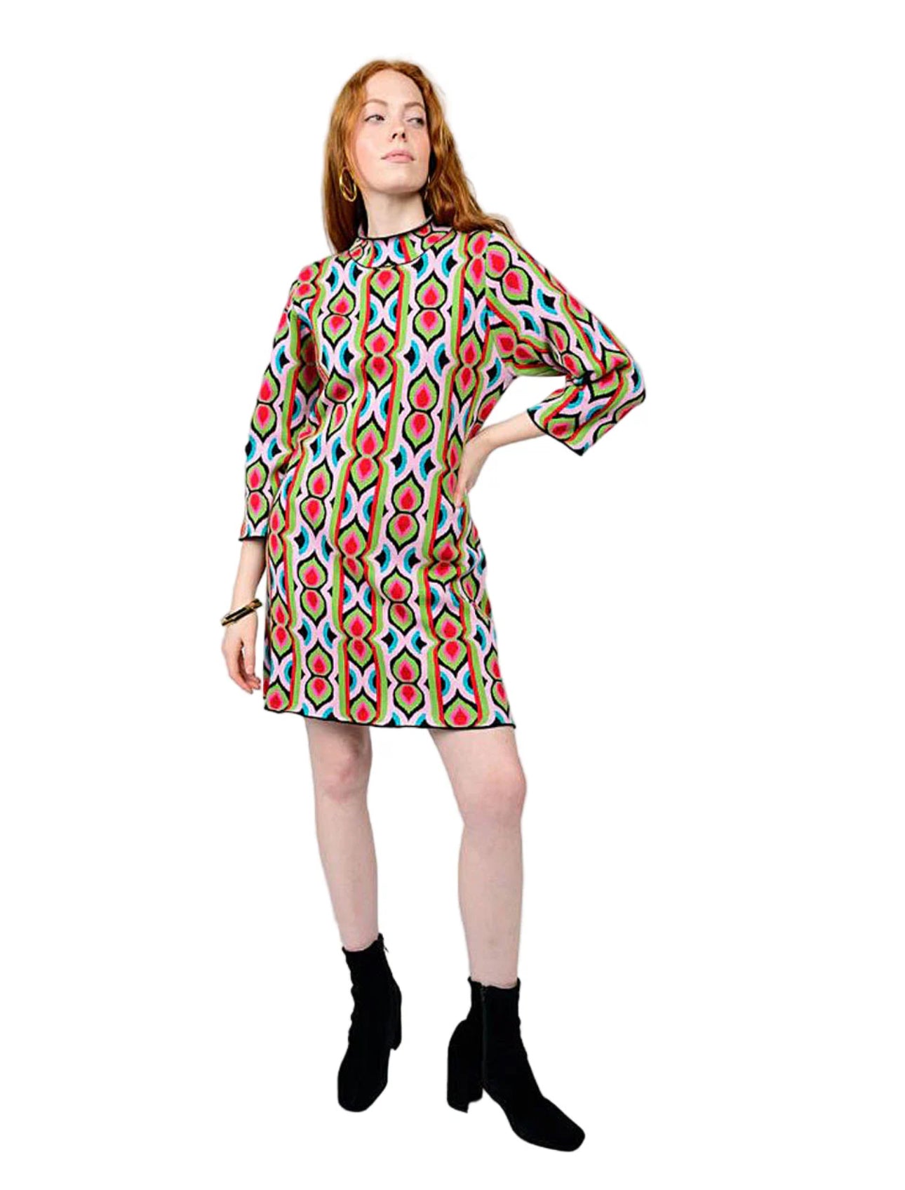 Uncle Frank Retro Pattern Knit Dress-Pink/Green