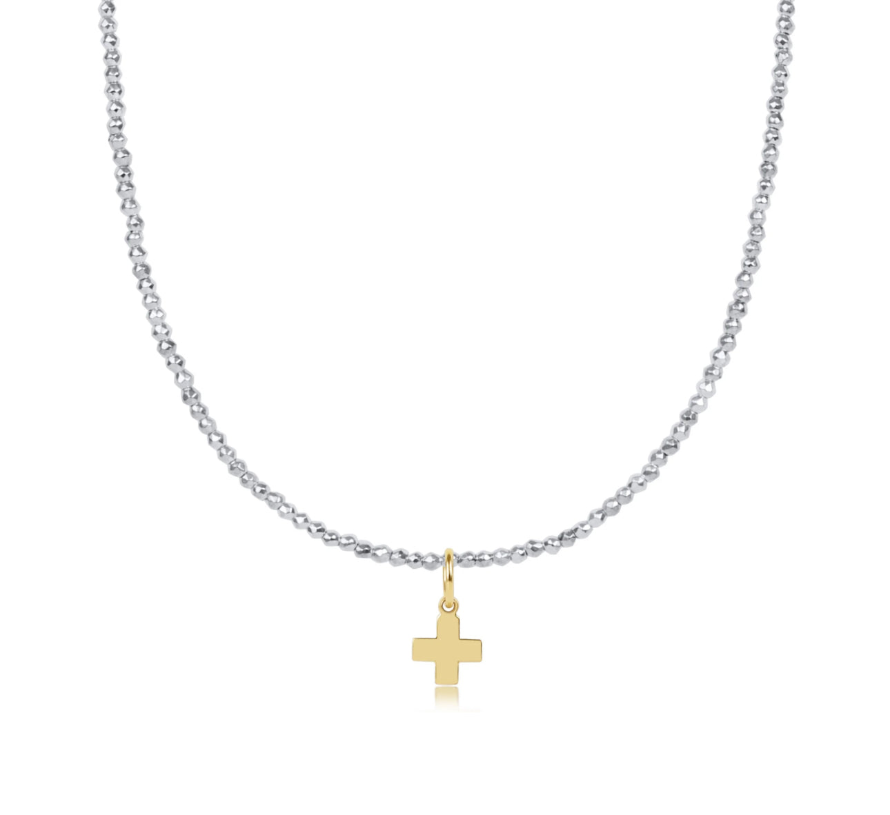 Enewton 15" Choker Bright Silver Faceted Hematite 2mm Bead-Signature Cross Gold Charm