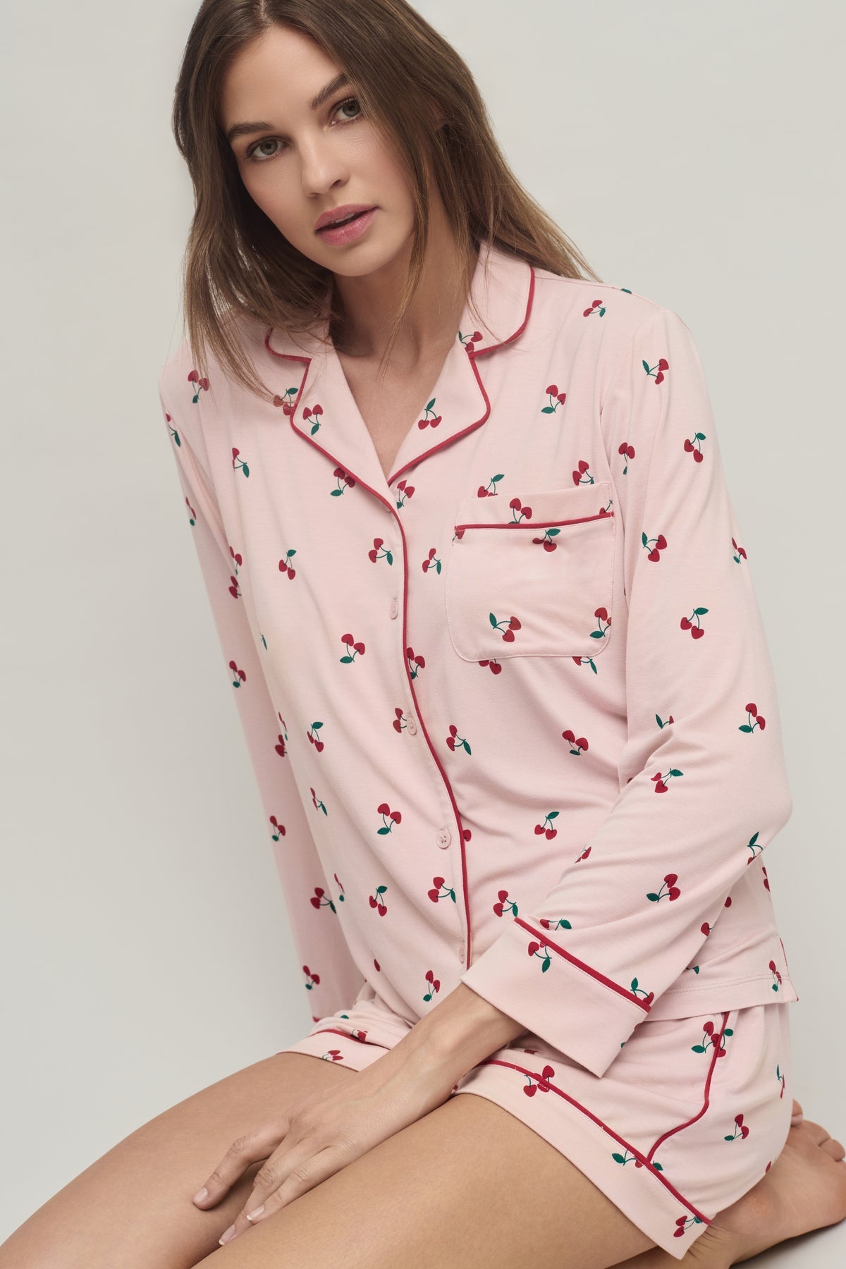 Barefoot Dreams Malibu Collection® Ultra Soft Jersey Womens Pajama Set- Cherry Print