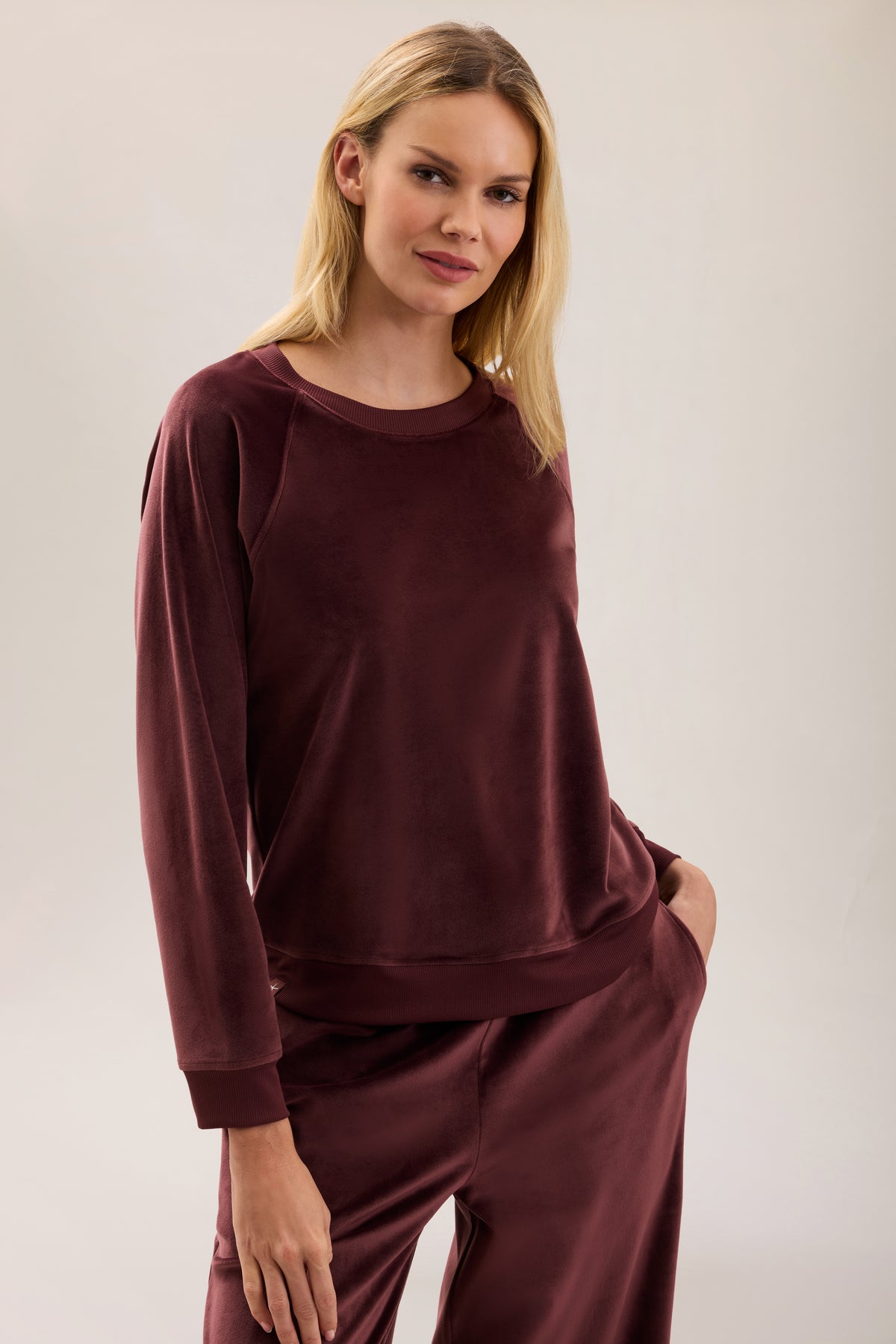Barefoot Dreams Velvet Raglan Pullover-Deep Garnet