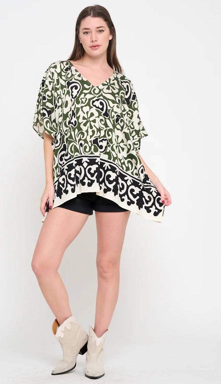 Meet Me In Santorini "Olive Scroll” Tunic Top-Black/Green
