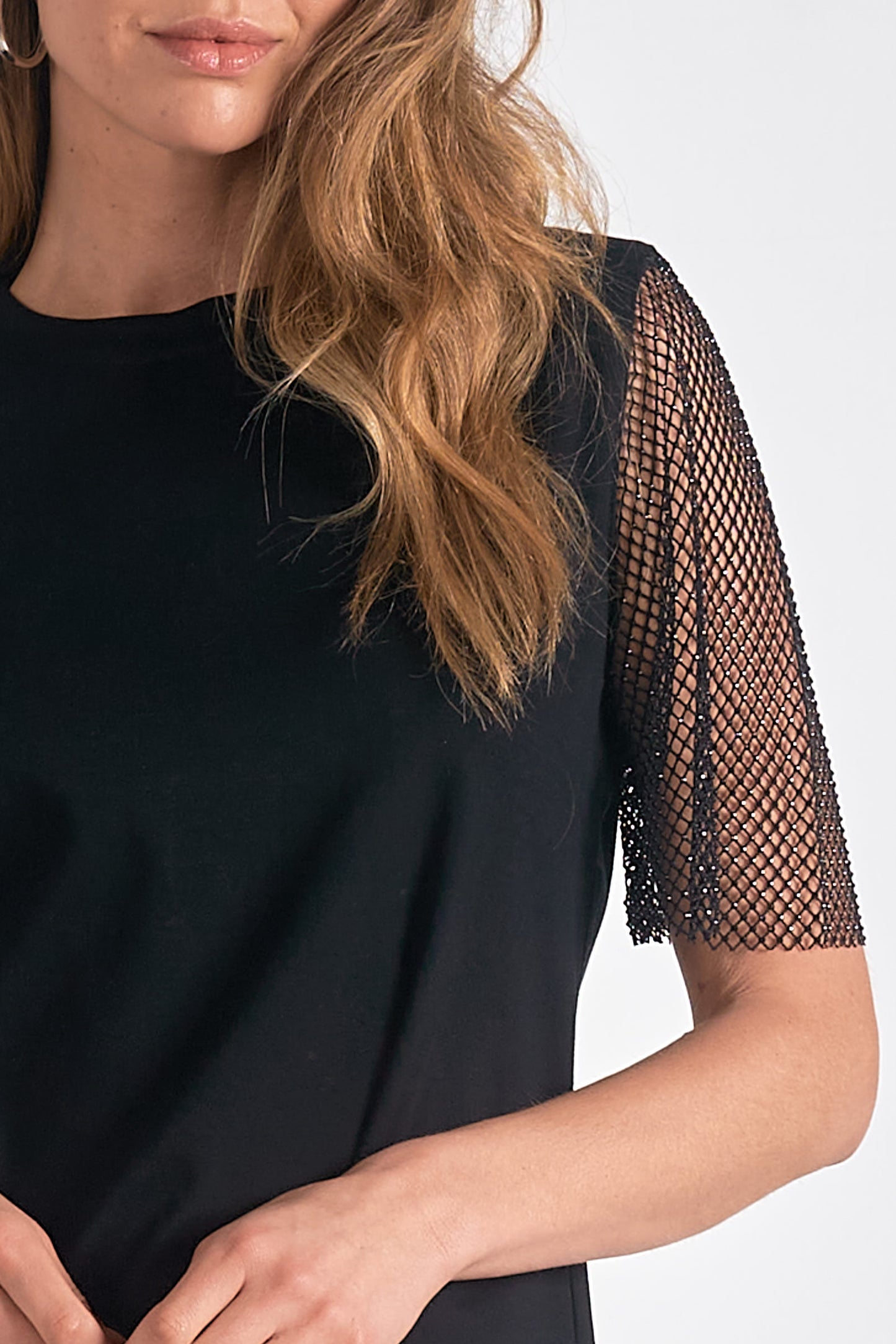 Elan "Bridget" Net Sleeved Tee-Black