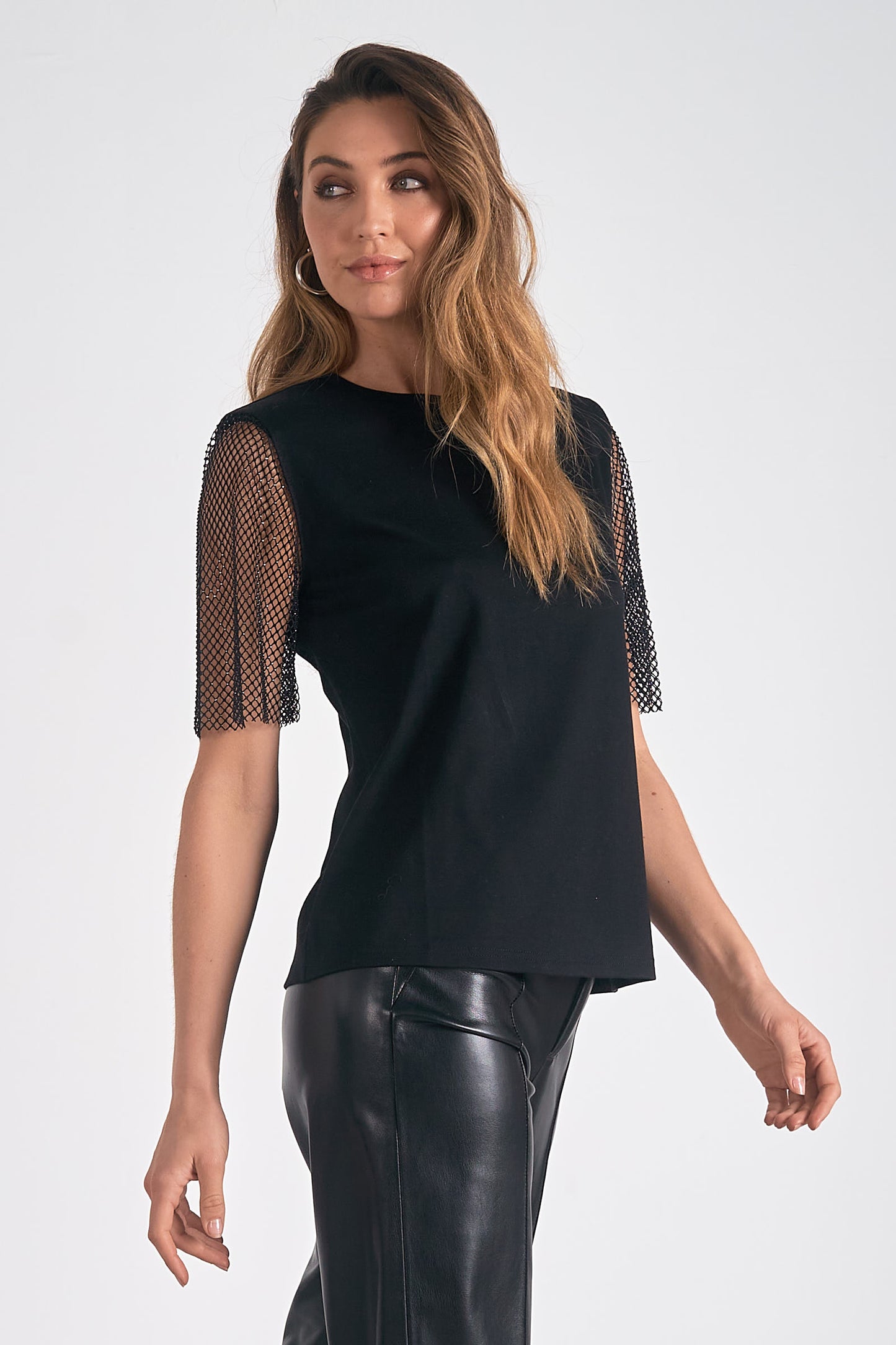 Elan "Bridget" Net Sleeved Tee-Black