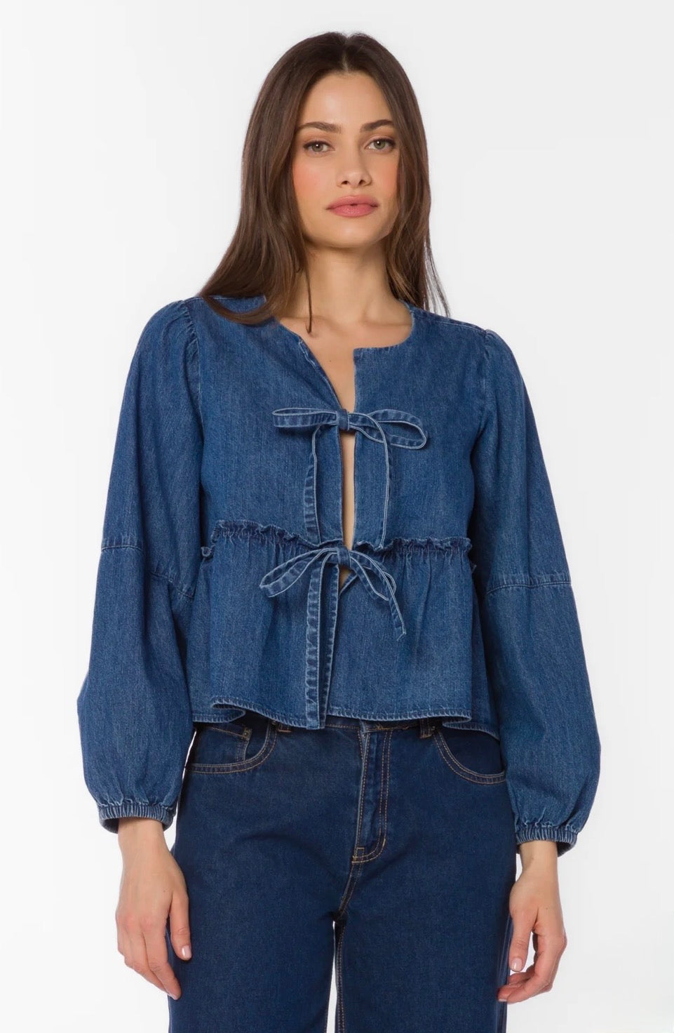 Velvet Heart "Abbie" Tie Front Denim Cardigan-Tokyo Blue