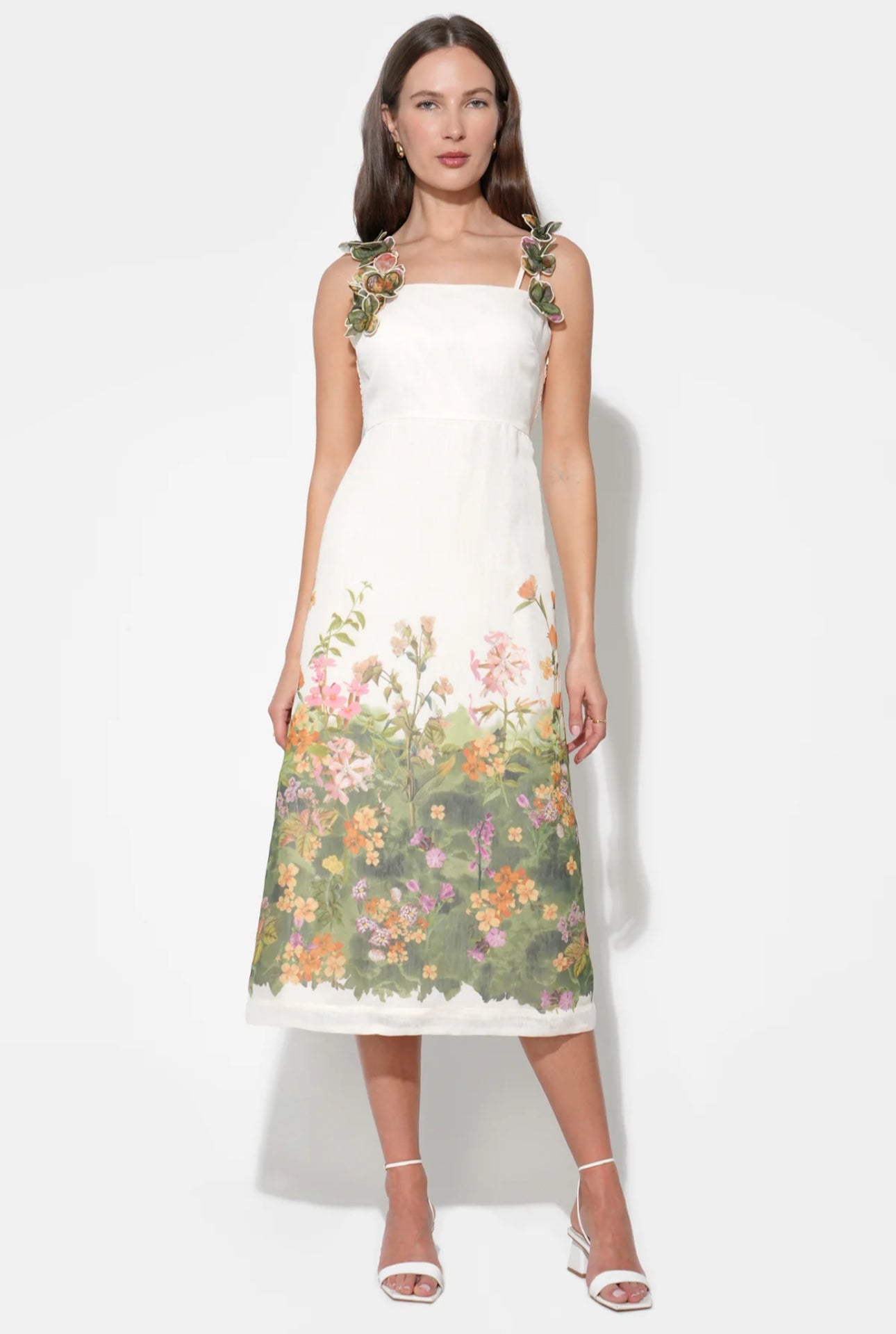 Adelyn Rae "Eloise" Braided Printed Floral Midi Dress-Cream/Green