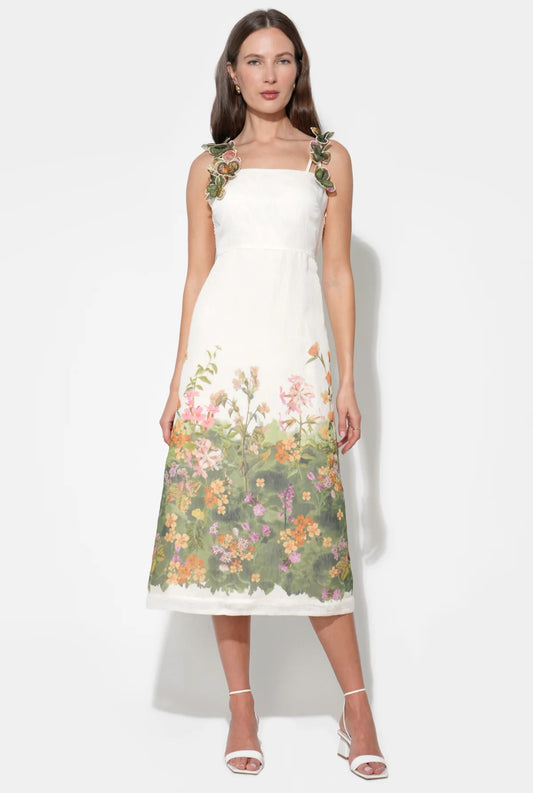 Adelyn Rae "Eloise" Braided Printed Floral Midi Dress-Cream/Green