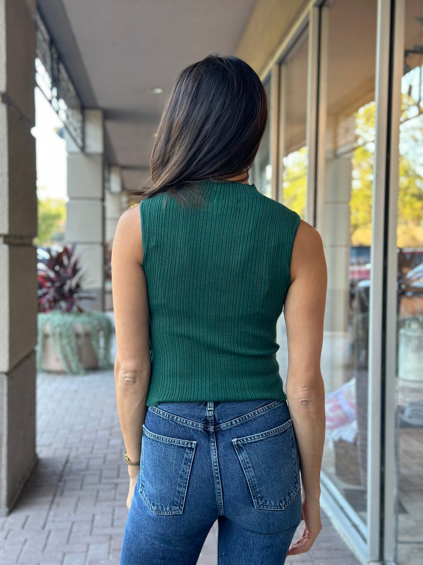 KLd “Logan” Sleeveless Mock Neck Ribbed Top-Green