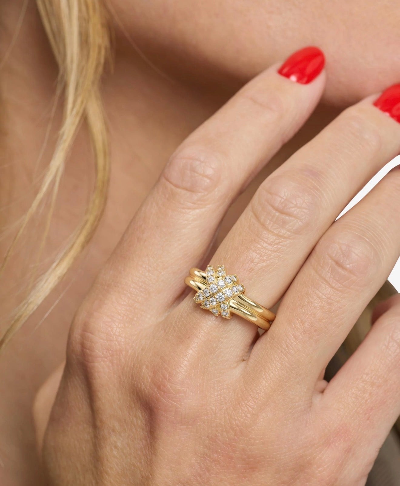 Melinda Maria “Knot Crossed” Ring- Gold/White CZ