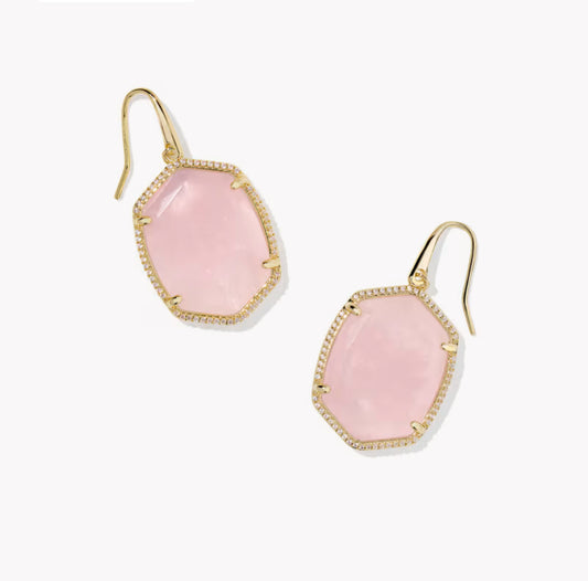Kendra Scott Daphne Pave Frame Drop Earring- Gold Rose Quartz