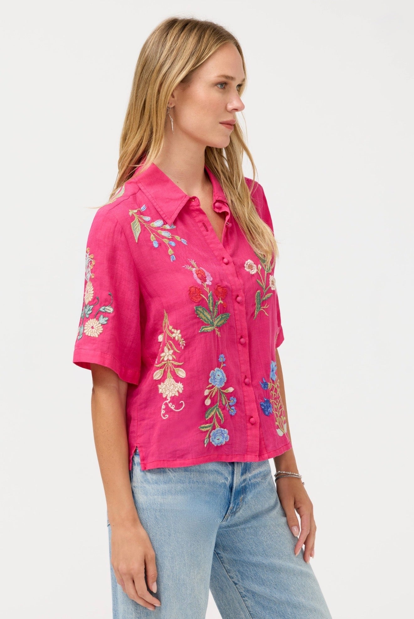 Johnny Was Relaxed Kimono Shirt-Pink Peacock