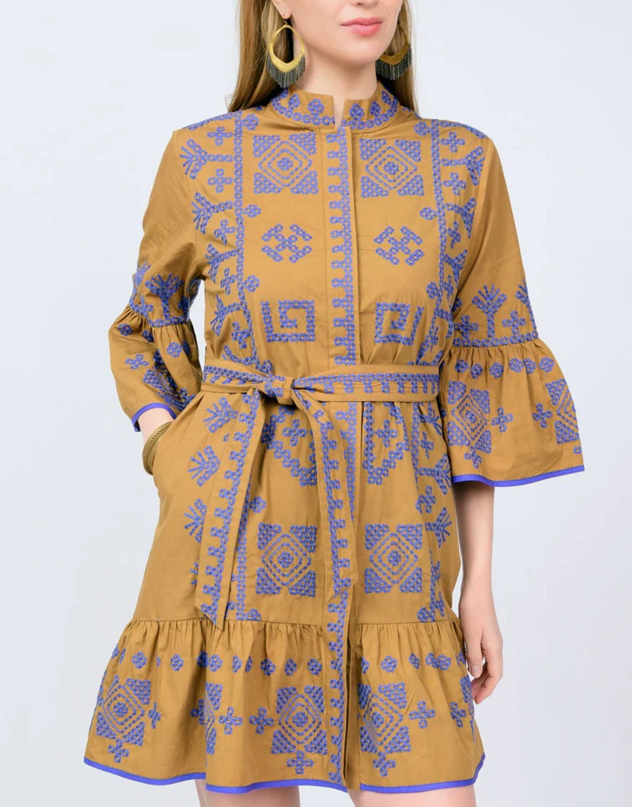 Uncle Frank Cross Stitched Dress-Gold/Blue