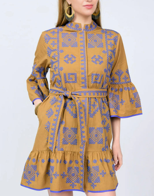 Uncle Frank Cross Stitched Dress-Gold/Blue