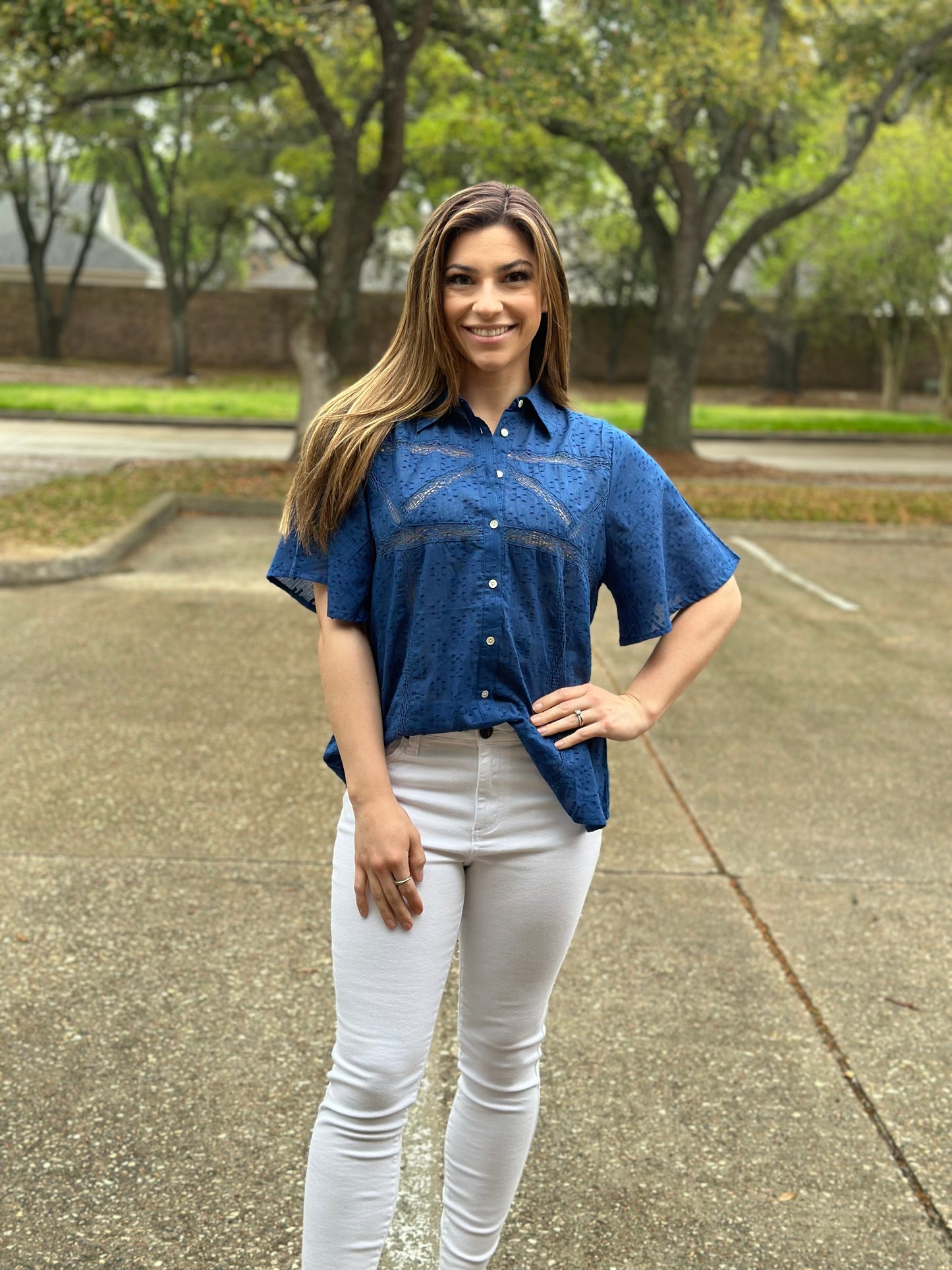 FRNCH Paris "Louve" Woven Blouse-Bleu Marine