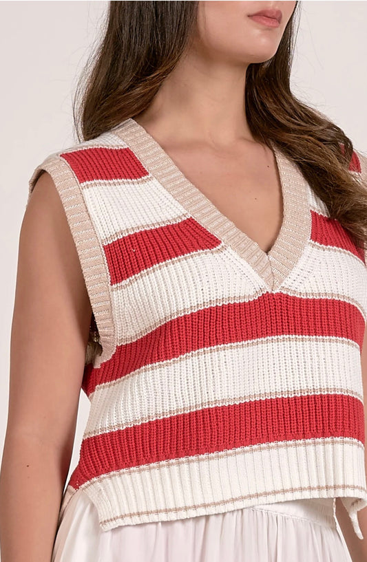 Elan “Slate” Sweater Vest-White/Red Stripe