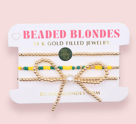 Beaded Blondes "Baylor/Sic 'Em" Logo Bow Bracelet Stack of 3-Standard 6.75"