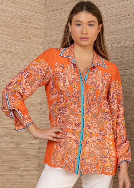 Hale Bob “Quill” L/S Button Up Silk Top-Orange