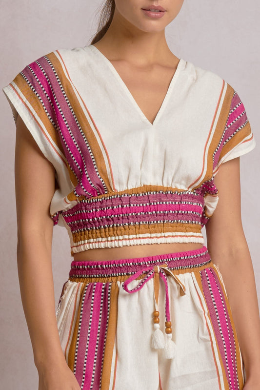 Elan "Cali" V-Neck Banded Top-Natural/Pink