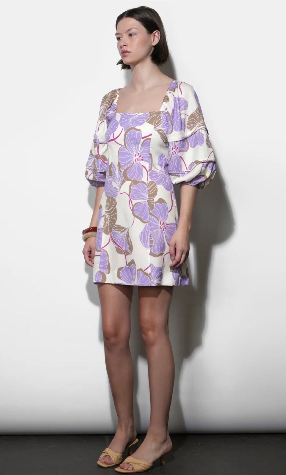 Greylin "Emery" Bubble Sleeve Piped Mini Dress-Cream/Lilac