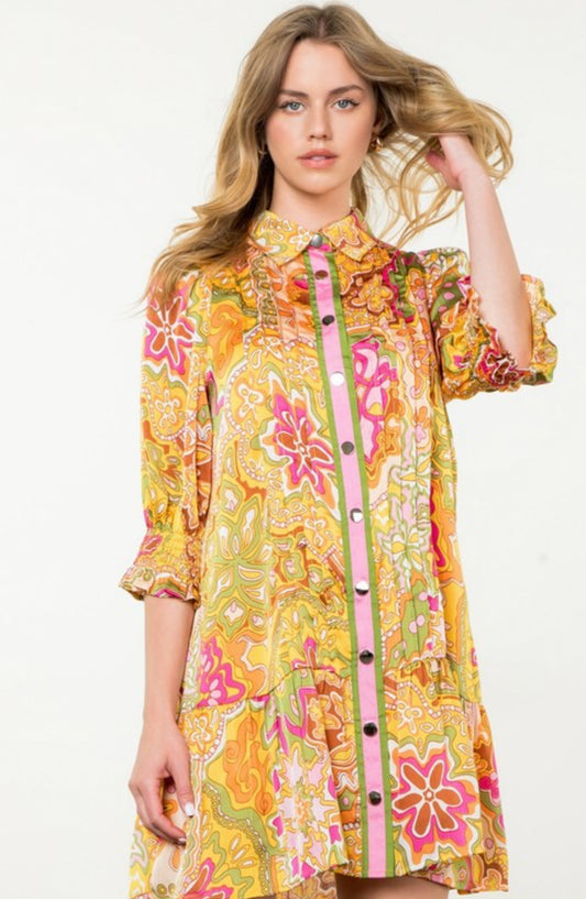 THML "Vida" L/S Print Dress-Pink/Orange