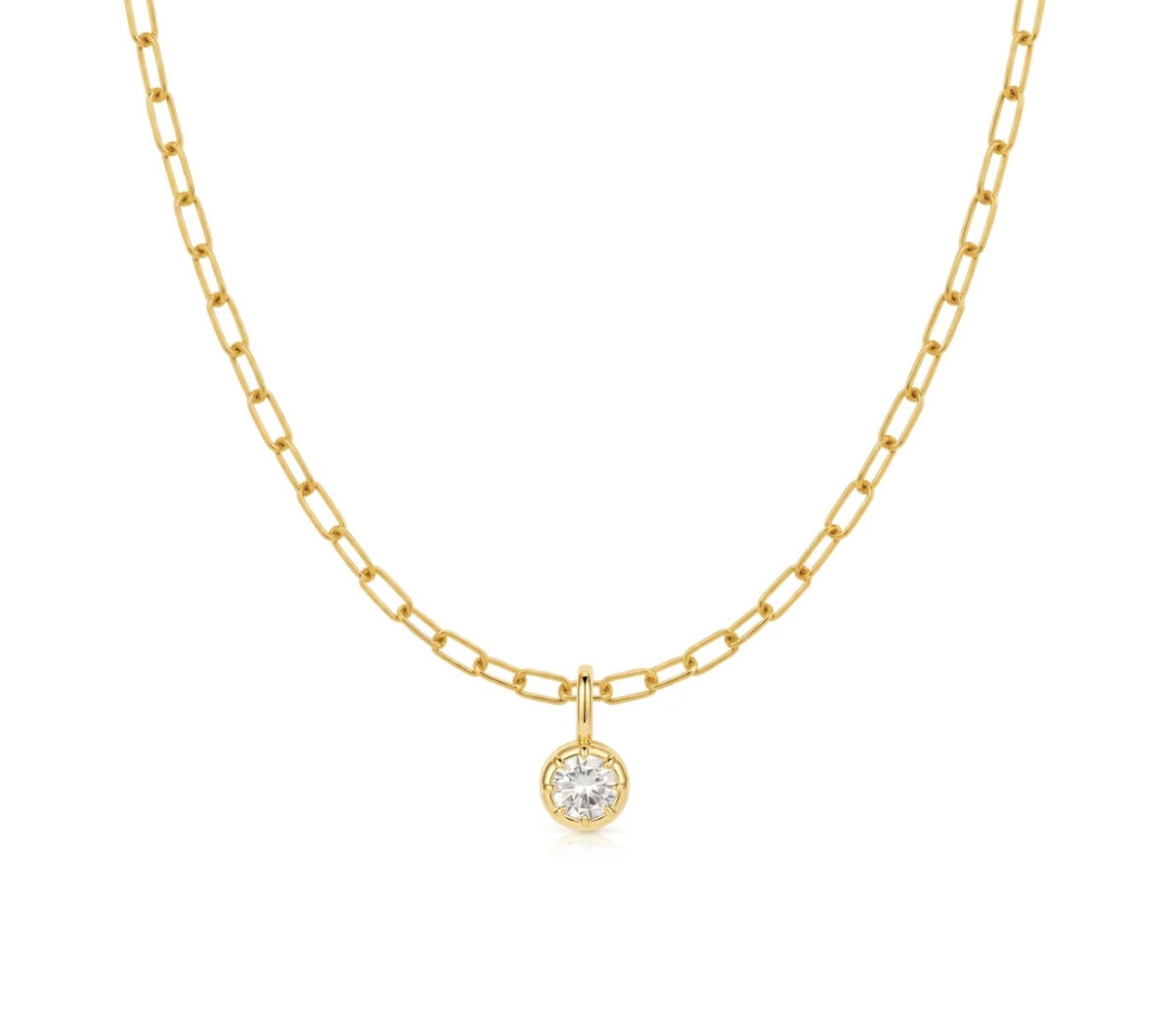 LeMel “Blaire” Bezel Round CZ Charm Necklace 18” (on Paperclip chain)