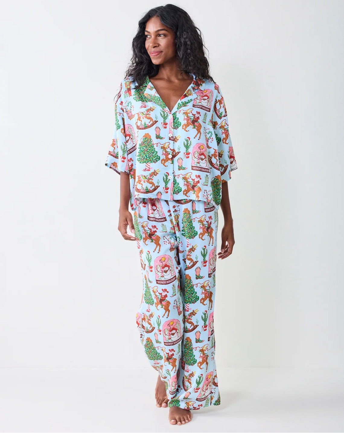 Printfresh Eco Satin Wildest Dreams Pajama Sleeve Set-Cowboy Christmas