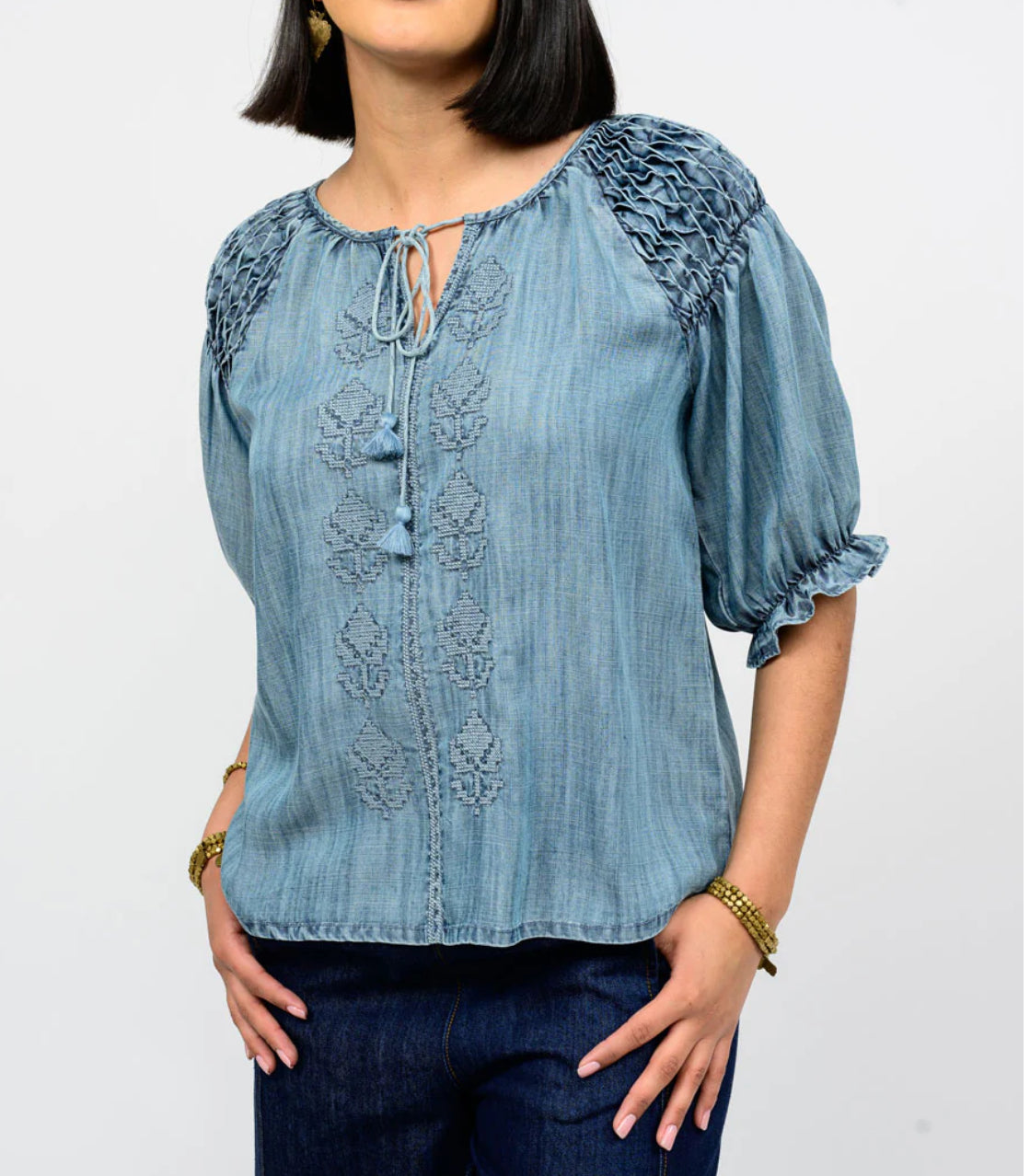 Ivy Jane Smocked Sleeve Top- Denim Blue