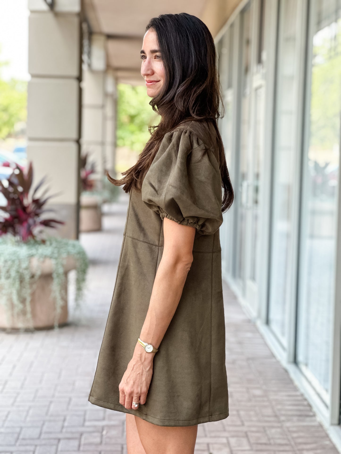 THML Regan Puffed Sleeve Suede Dress-Olive