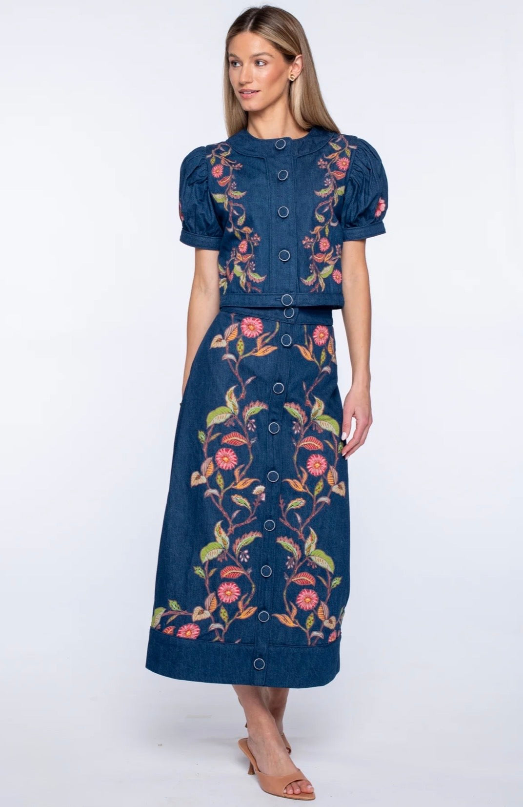 Elizabeth James “Frankie” Skirt-Denim Floral Embroidery